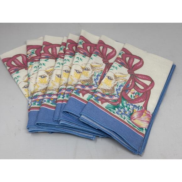 Vtg Easter Cloth Napkins 17x17 Bunnies Basket Spring Flowers Tulips Set Of 6 - Picture 1 of 5